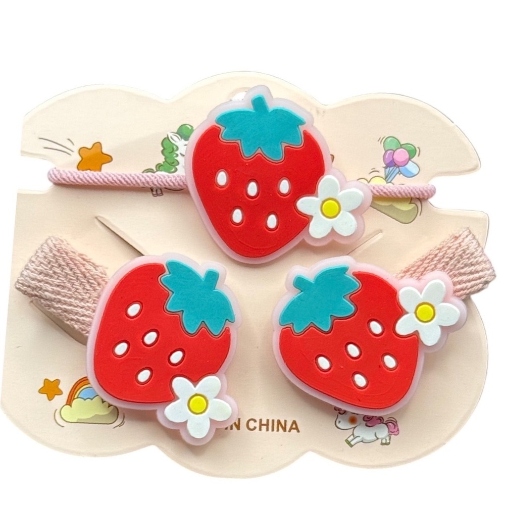 Kids Strawberry Hair Accessories Set 2 Clips 1 Elastic Pink Red Fruit Floral
